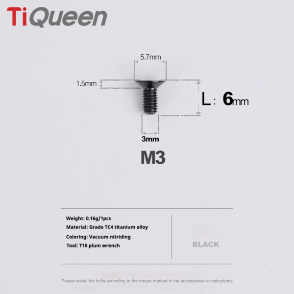 Ti Queen countersunk head Titanium Screws M3 L16-50mm for Motorcycles and Bicycles