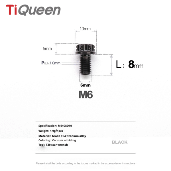 Ti Queen Regular Titanium Screws M6 L08-50mm for Motorcycles and Bicycles/Car